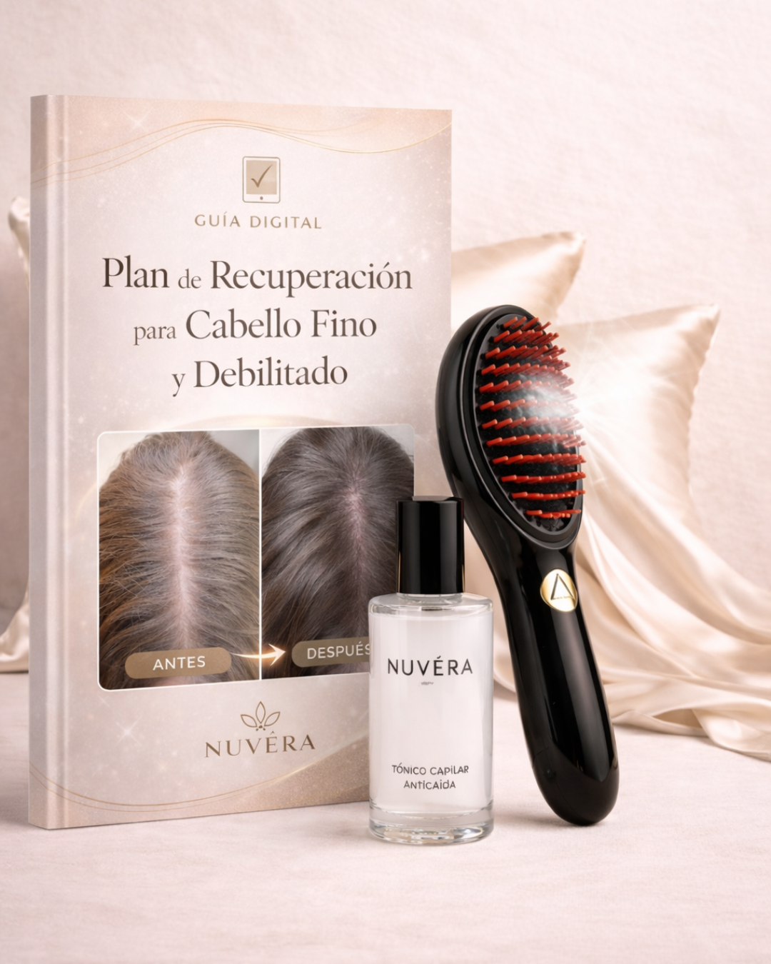 CEPILLO ANTACAÍDA NUVÉRA + TÓNICO CAPILAR Y FUNDAS DE SATÉN DE REGALO